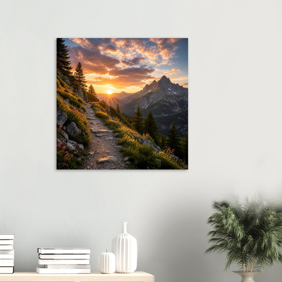 Quadratisches Poster mit Bergpfad, Sonnenuntergang und schwarzem Rahmen