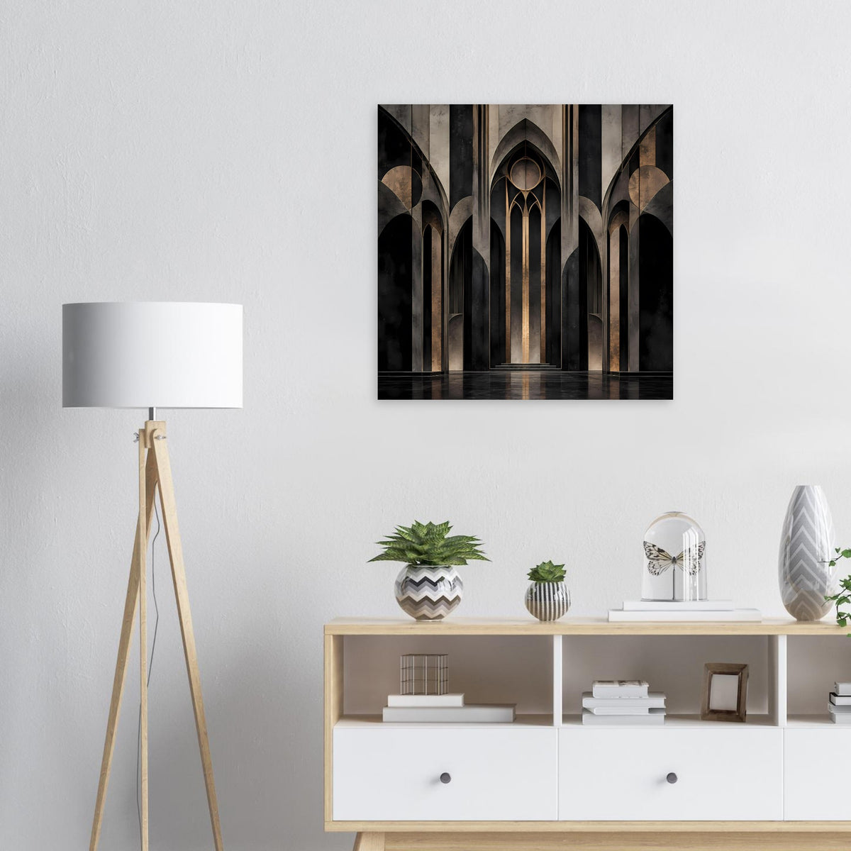 Gotisches Spitzbogen-Architekturposter mit dunklen Säulen und Gewölbearchitektur