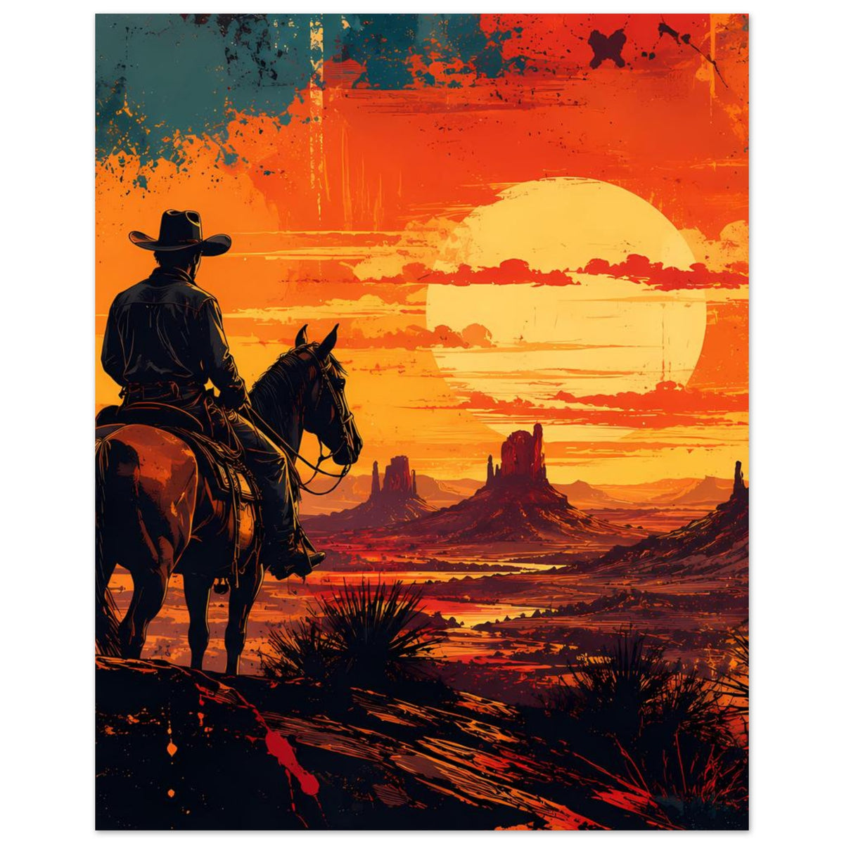 Cowboy-Poster mit Reiter auf Pferd, großer gelber Mond und Abendhimmel über der Wüste