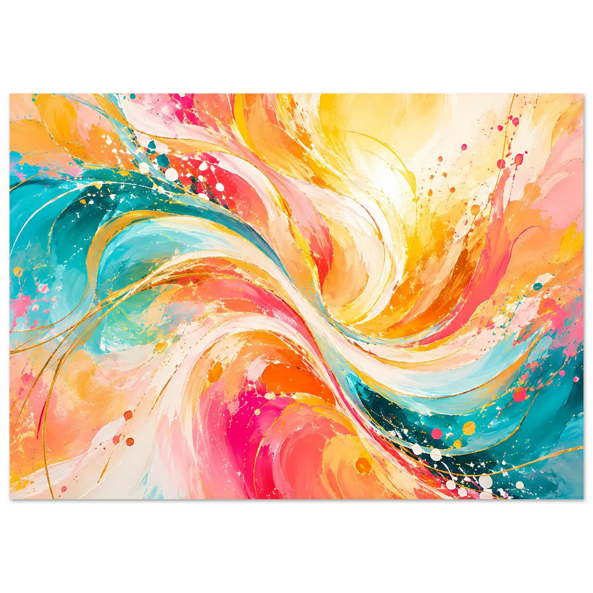 Abstraktes Energie-Poster im Querformat mit bunten Swirls und Sprenkeln in Orange, Gelb und Blaugrün