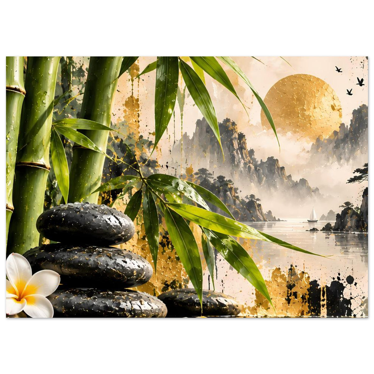 Harmonie-Poster: Bambuszweige links, schwarze Steine und goldene Sonne, ruhige Landschaft