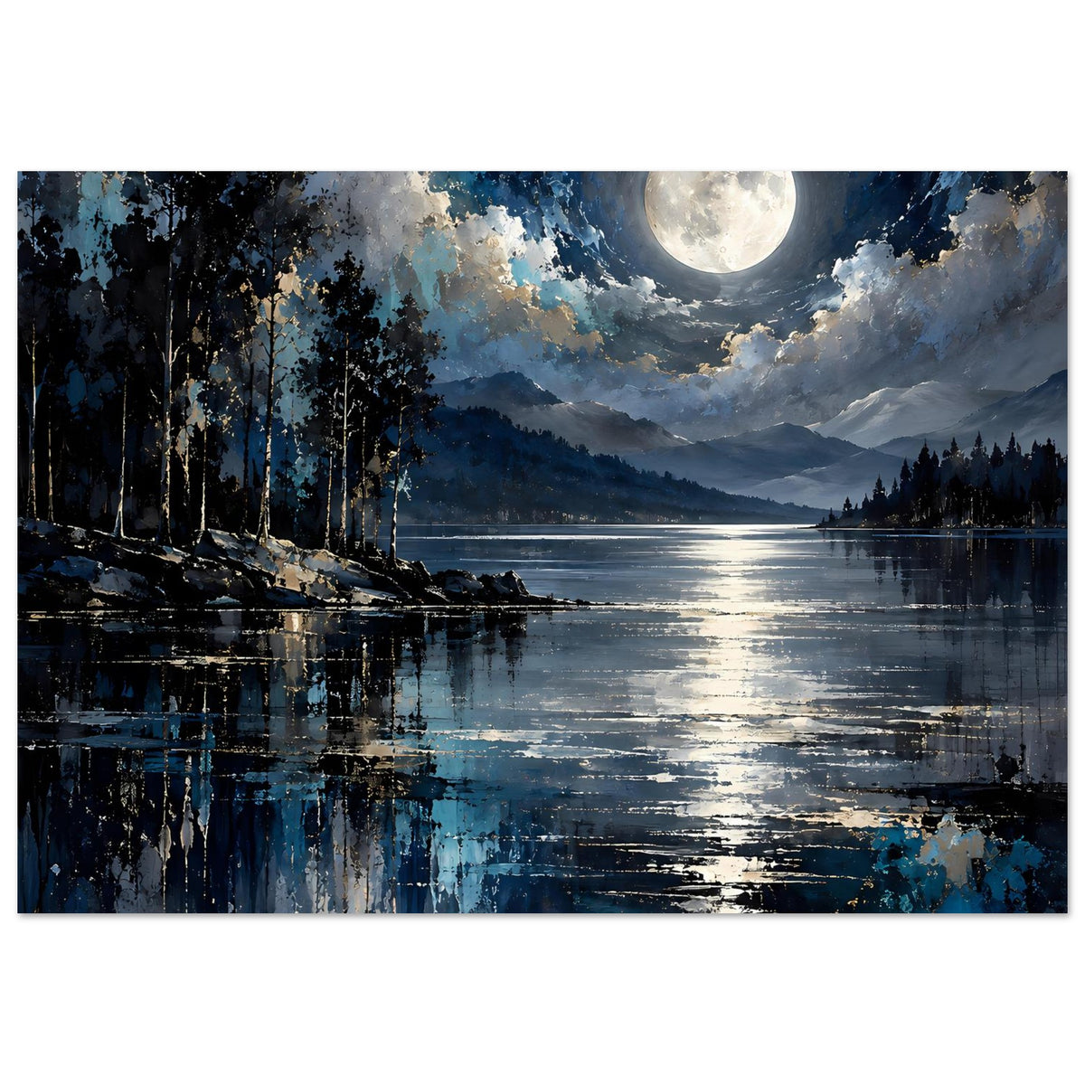 Landschaftsposter: Vollmond über See mit Lichtreflexen, dunkler Tannenwald am Ufer, Berge
