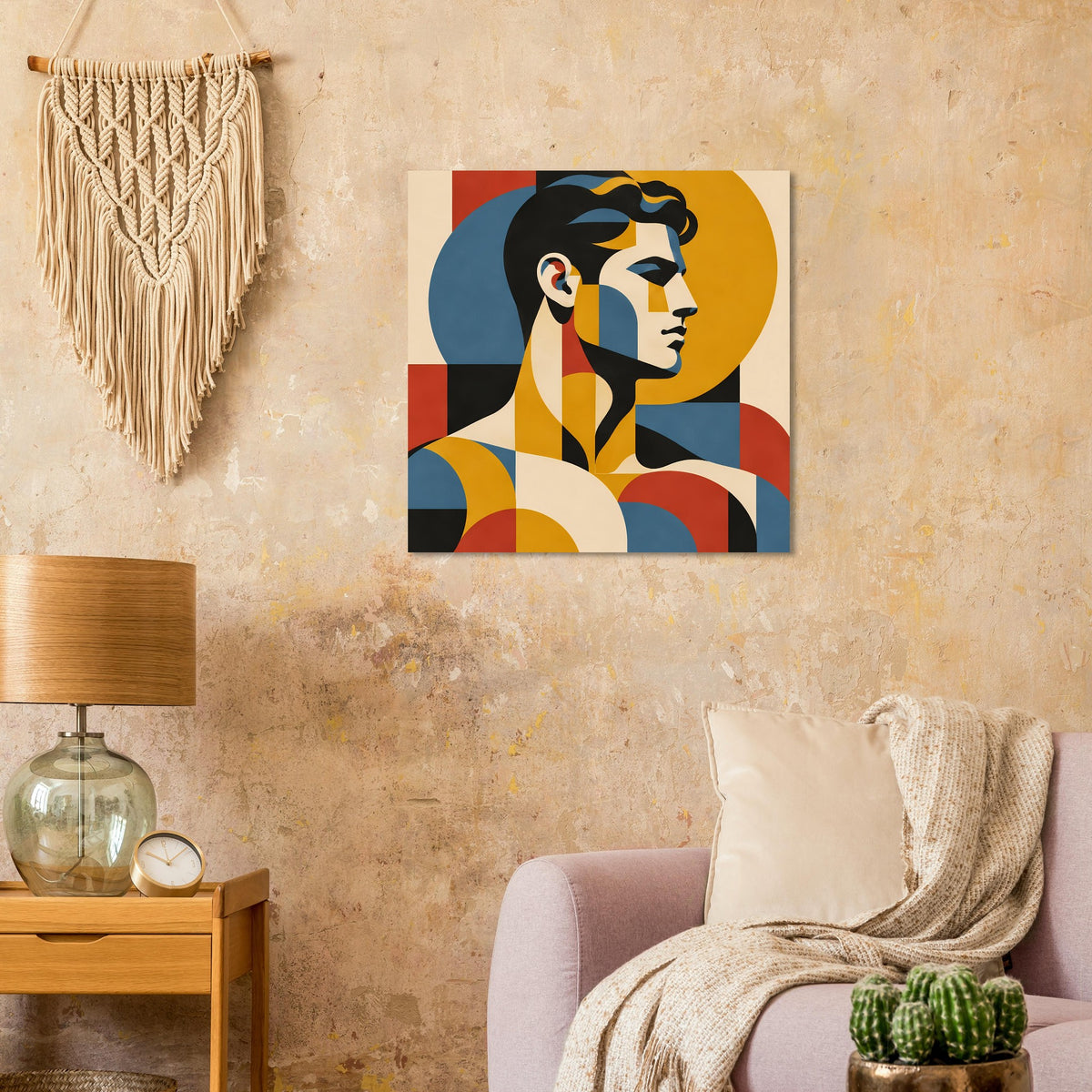 Quadratisches Porträtposter im Rahmen mit geometrischer Frauenfigur in Blau-Gelb-Rot