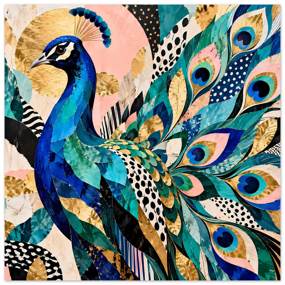 Pfau-Kunstposter mit blauem Kopf, türkisgrünen Federn und goldenen Musterflächen