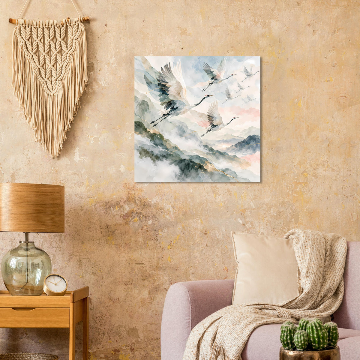 Poster mit fliegenden Kranichen im Aquarell, Goldakzente und hellem Rand