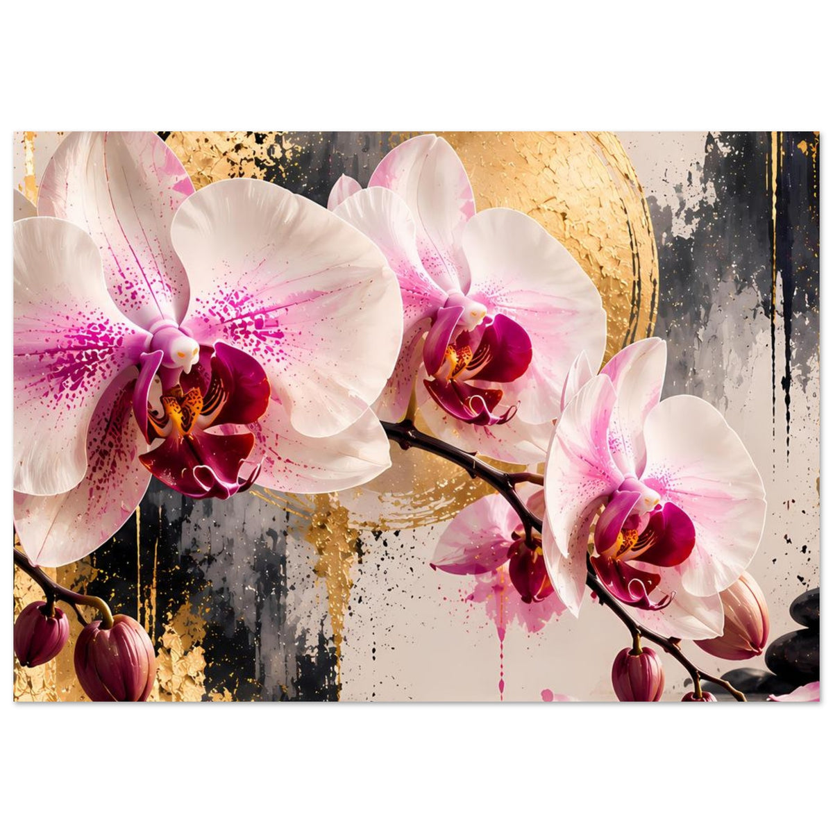Orchideen-Poster mit Orchideen am Zweig, weißen Blüten und pinken Sprenkeln, goldschimmernde Fläche