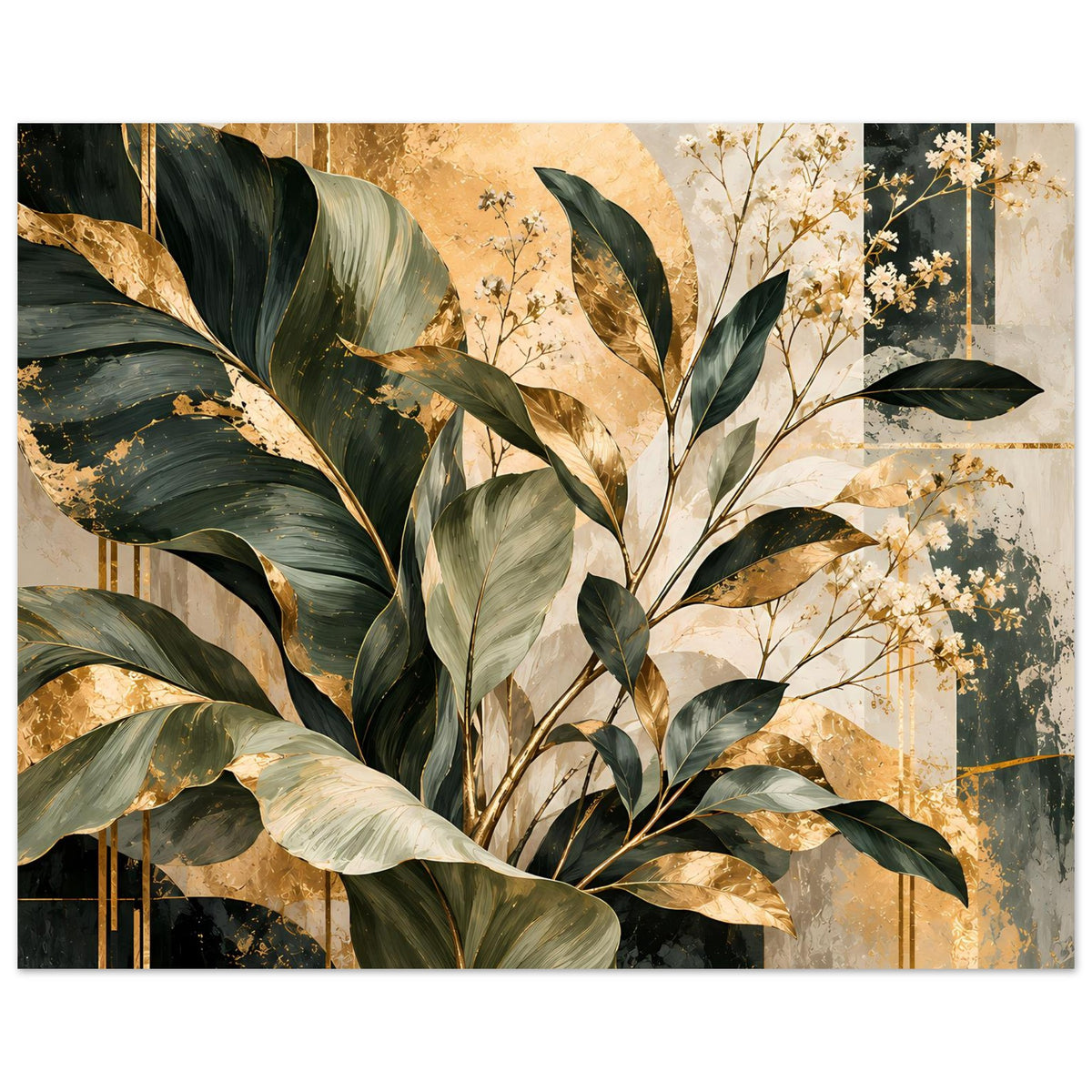 Botanisches Poster mit Blattzweig-Motiv in Grün, Gold und Creme, mit feinen Blüten