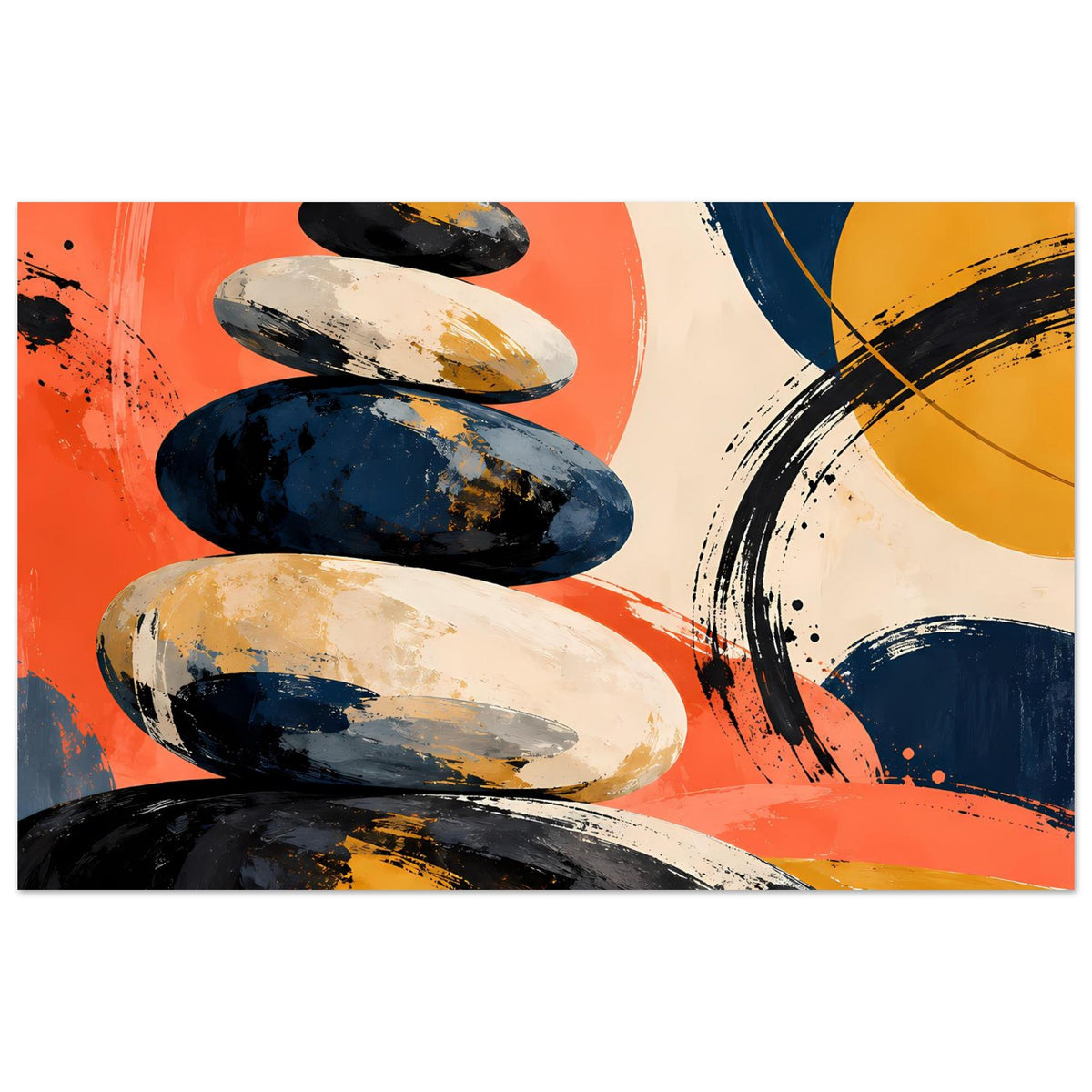 Abstraktes Poster mit gestapelten Steinen in Orange, Dunkelblau, Beige und Gelb, Querformat.