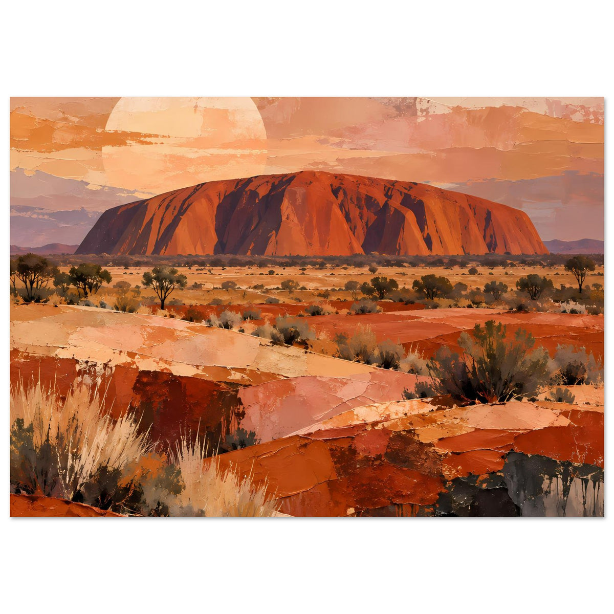 Poster im Querformat mit Uluru-Felsformation, Sträuchern und warmen Erdtönen