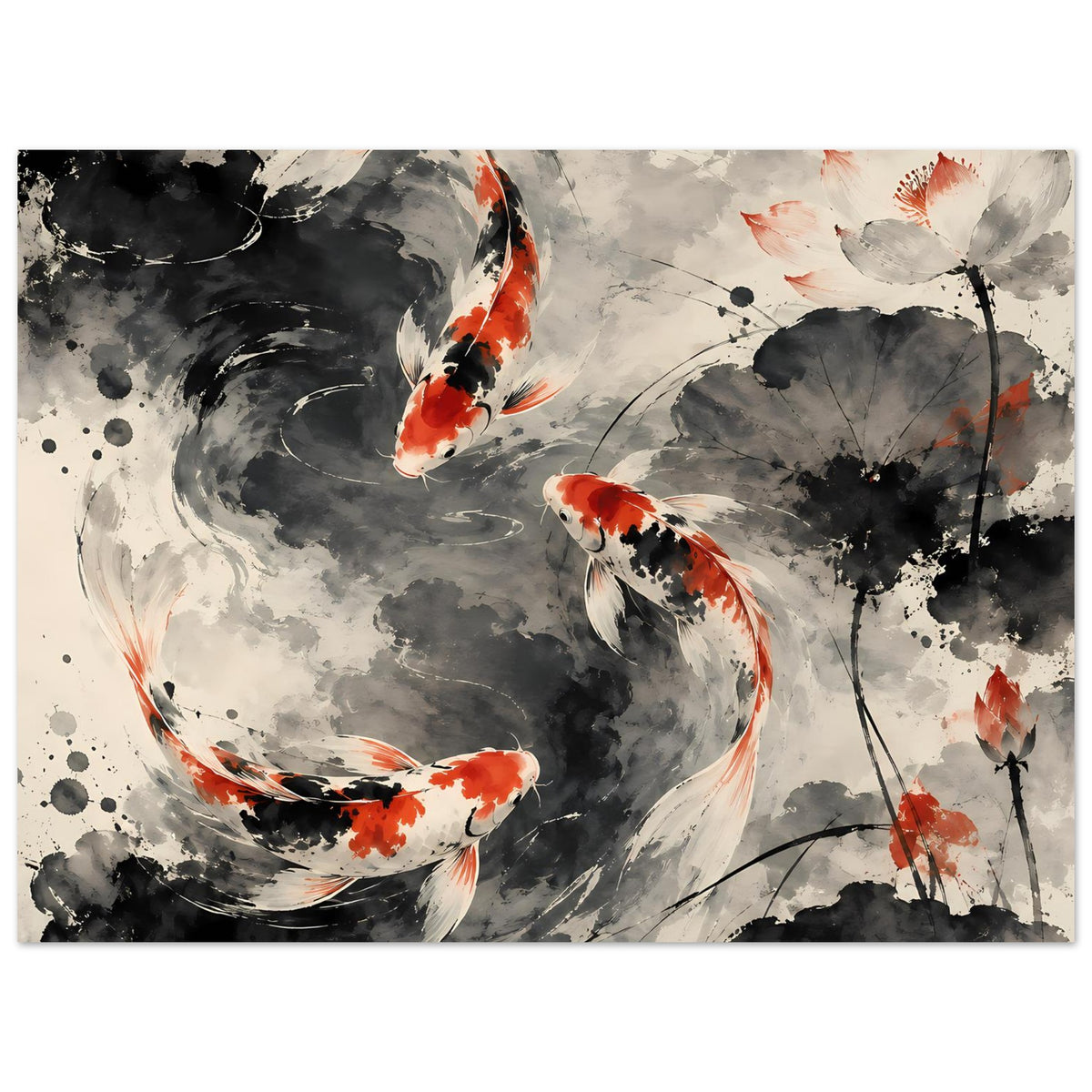 Poster im asiatischen Tusche-Stil: Koi in Schwarz-Grau und Orange, abstrakte Pflanze