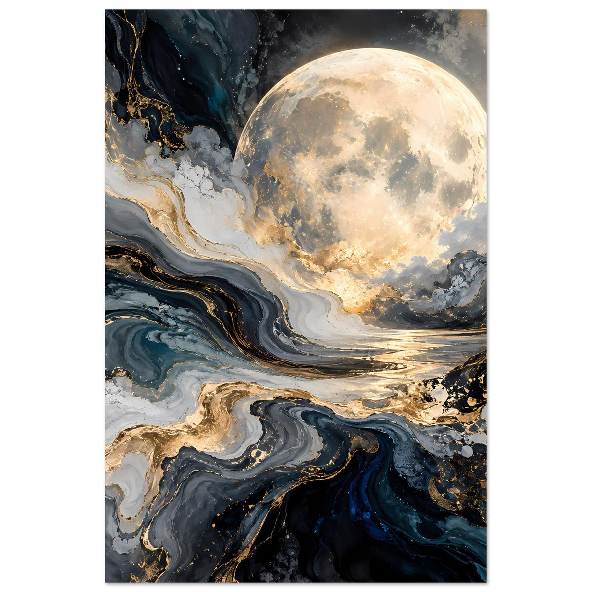 Hochformat-Poster mit leuchtendem Vollmond über blauen und goldenen Wirbeln