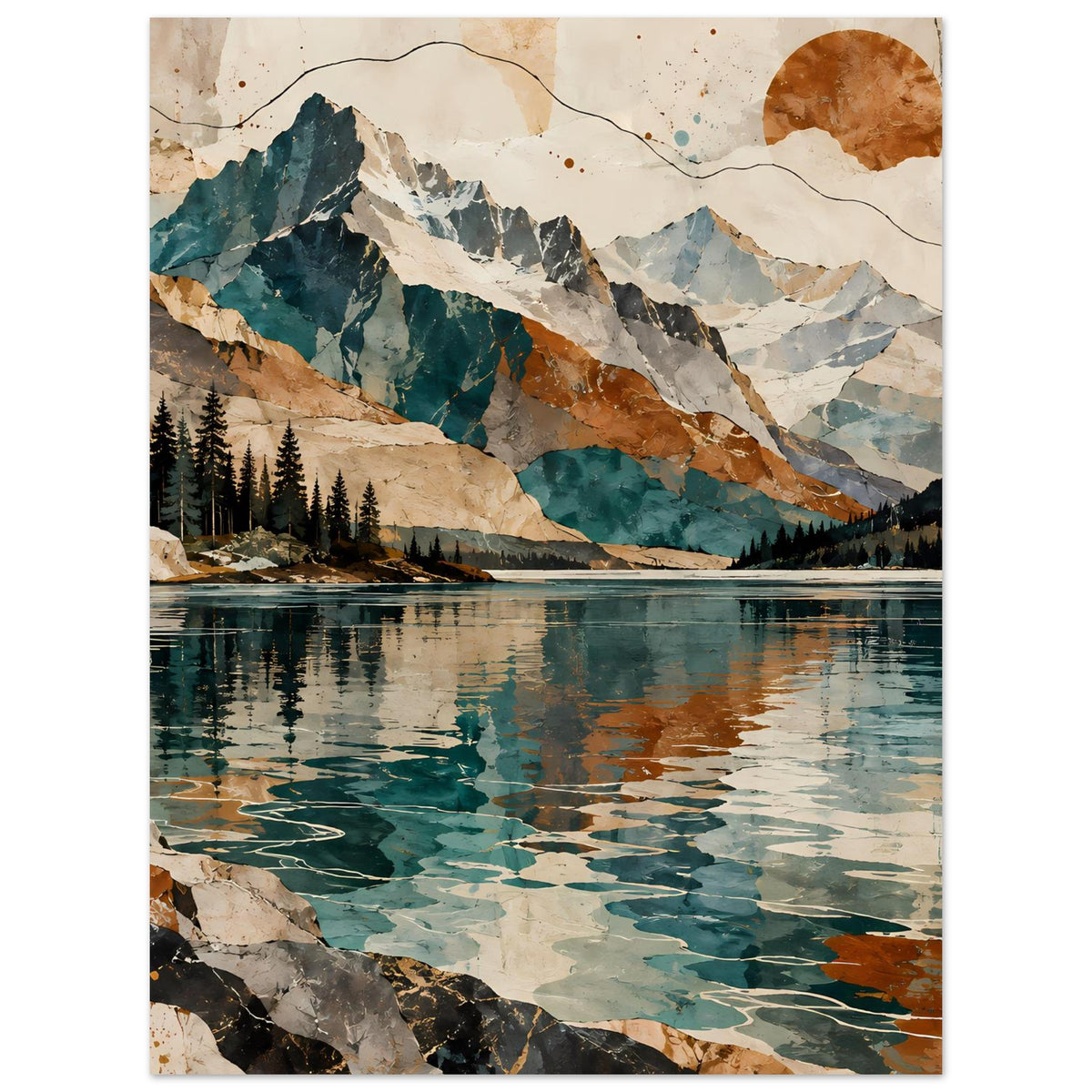 Wandposter Hochformat: Bergspitzen, See und Nadelbäume, Blaugrün- und Brauntöne