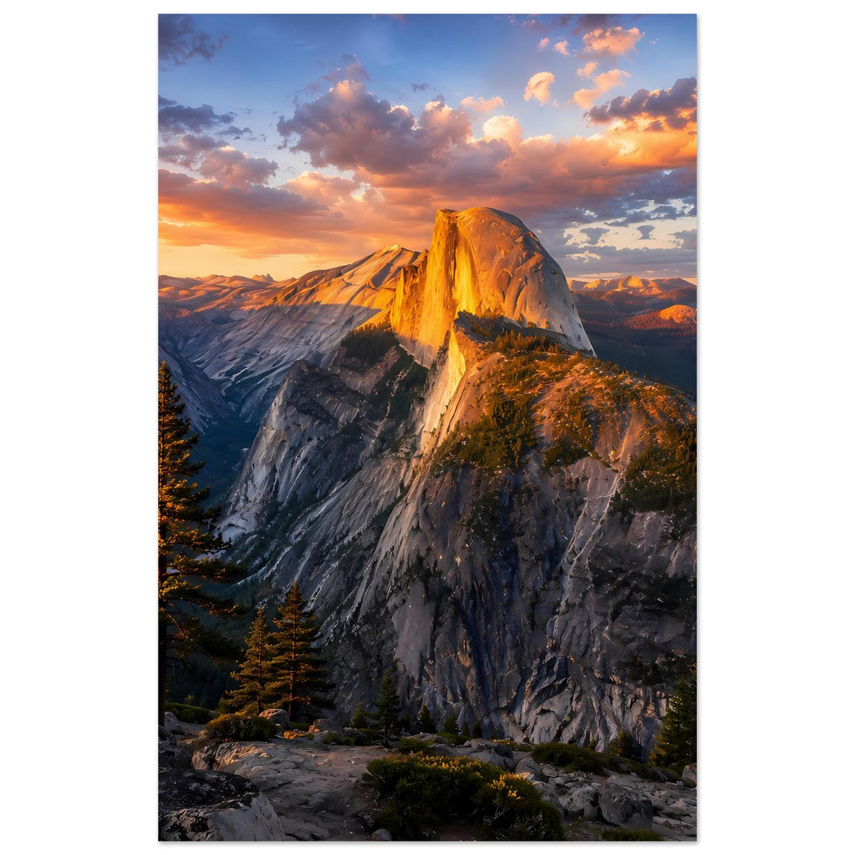 Poster im Hochformat mit Bergspitze im Abendhimmel, goldener Felswand und Nadelwald