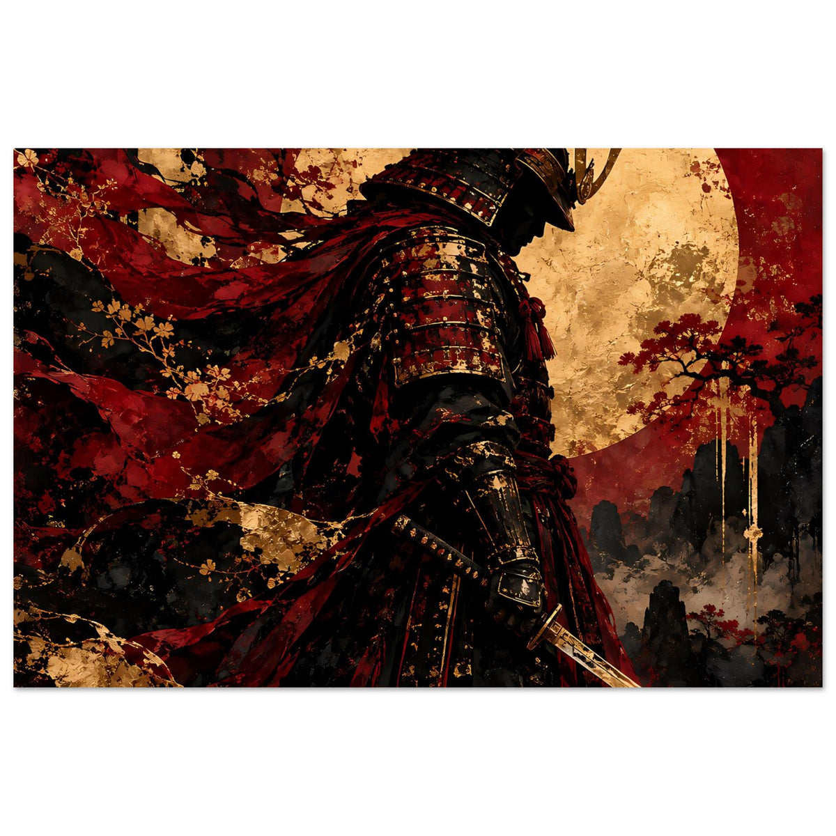 Japan-Poster mit Samurai-Krieger, schwarzer Rüstung, rotem Umhang und goldener Hintergrundscheibe