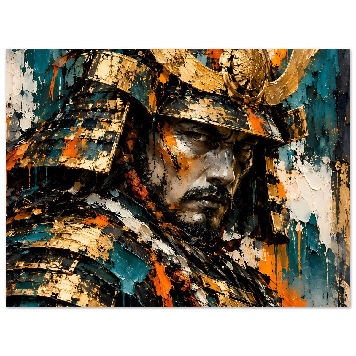 Horizontales Poster: Samurai-Krieger mit Helm und Rüstung, goldene Platten, Teal und Orange
