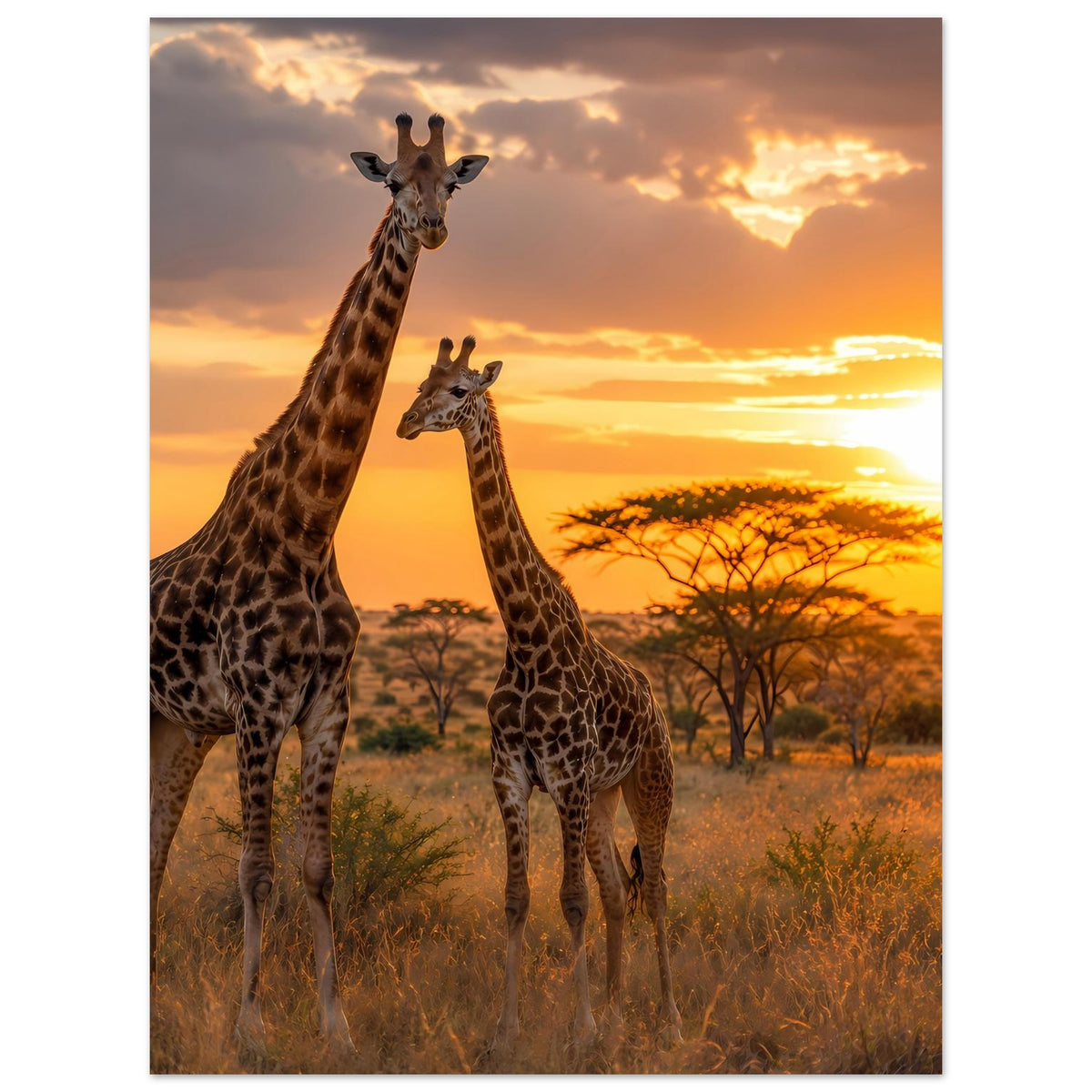 Vertikales Poster mit zwei braunen Giraffen, lange Hälse, Safari-Look