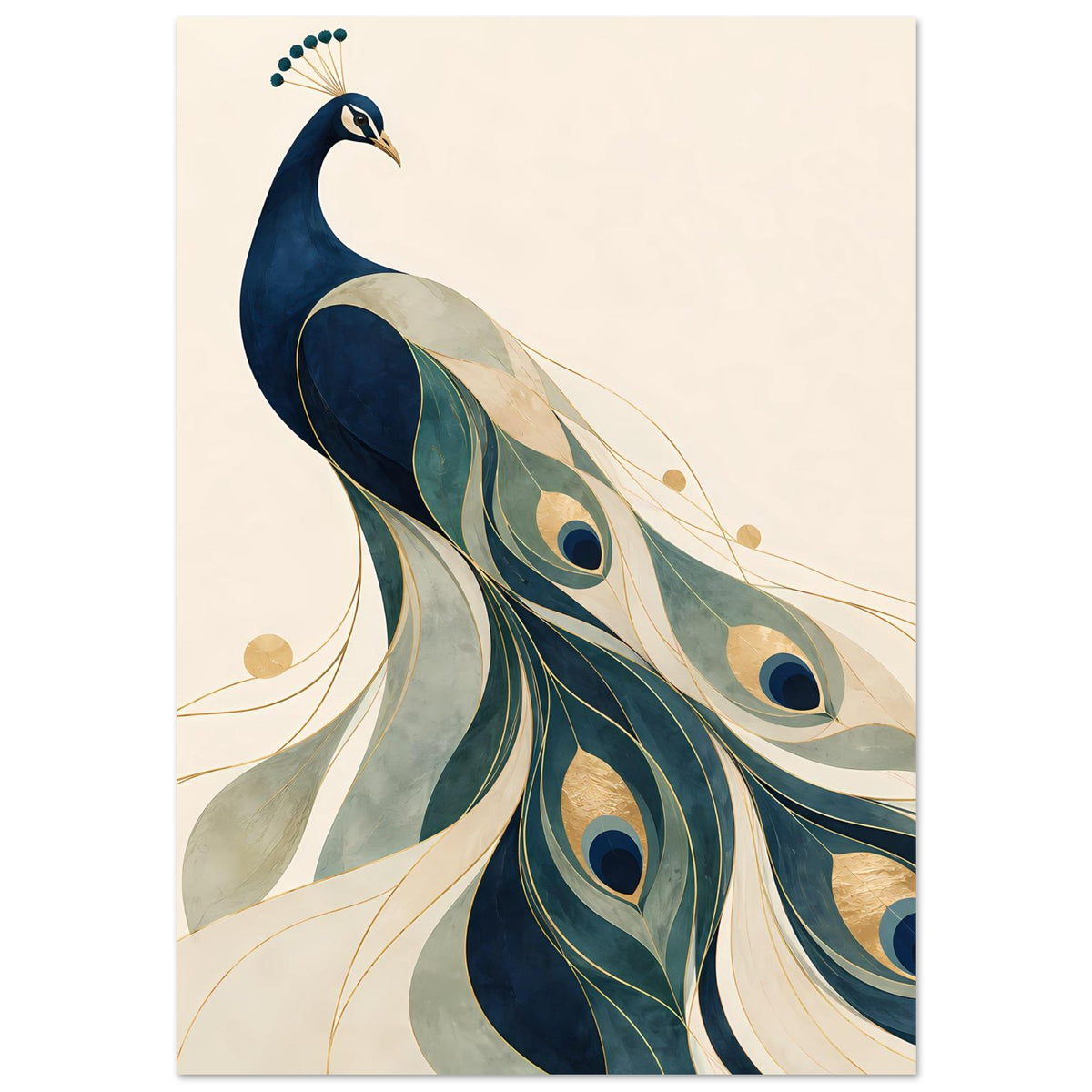 Poster mit Pfau in Blau, Grün und Gold, Federaugen, Vogel mit Schweif