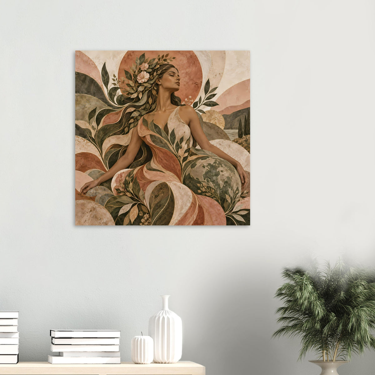 Kunst-Poster mit Fraufigur und Blütenmotiv im warmen Erdtönen-Design