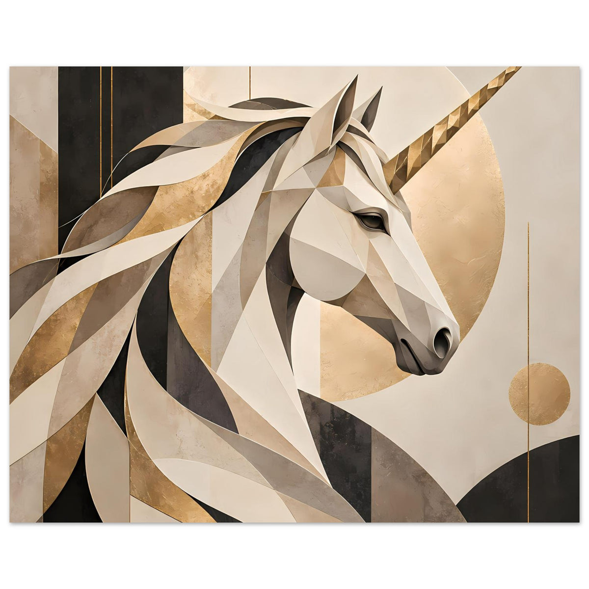 Einhorn-Porträtposter mit polygonaler Mähne, beigen Flächen, goldfarbenen Linien und Kreis
