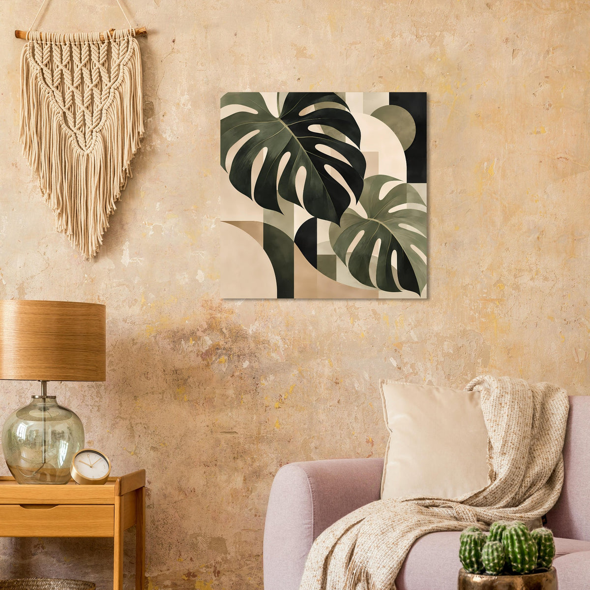 Quadratisches Poster mit großen Monstera-Blättern in Salbeigrün und Beige, mit dunkler Kontur