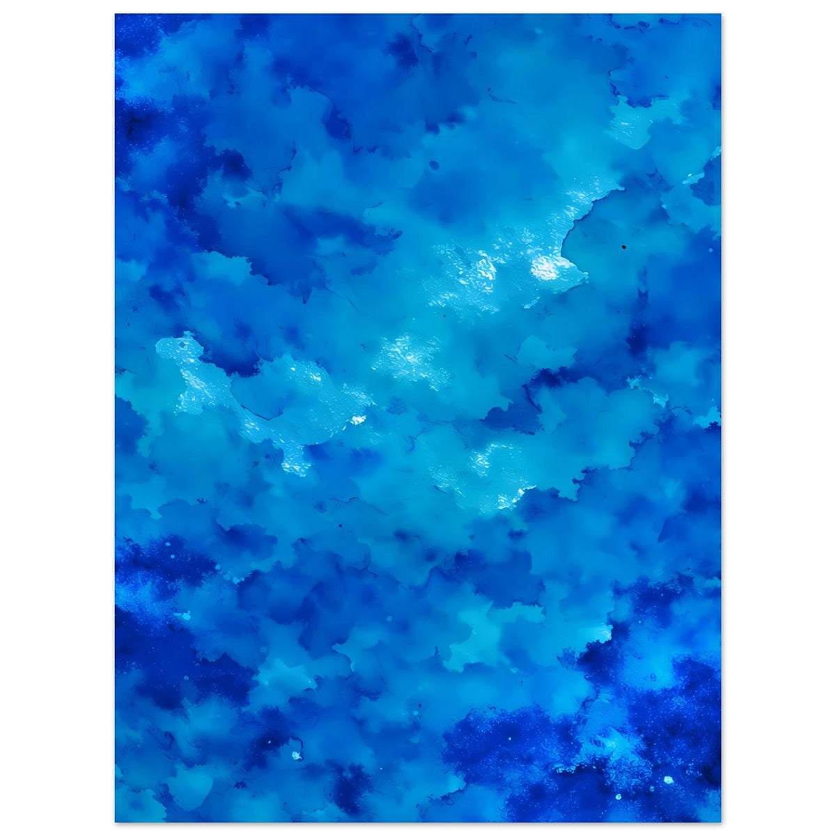 Abstraktes Poster mit blauem Wasserfarben-Cloud-Motiv, senkrechte Gesamtansicht.