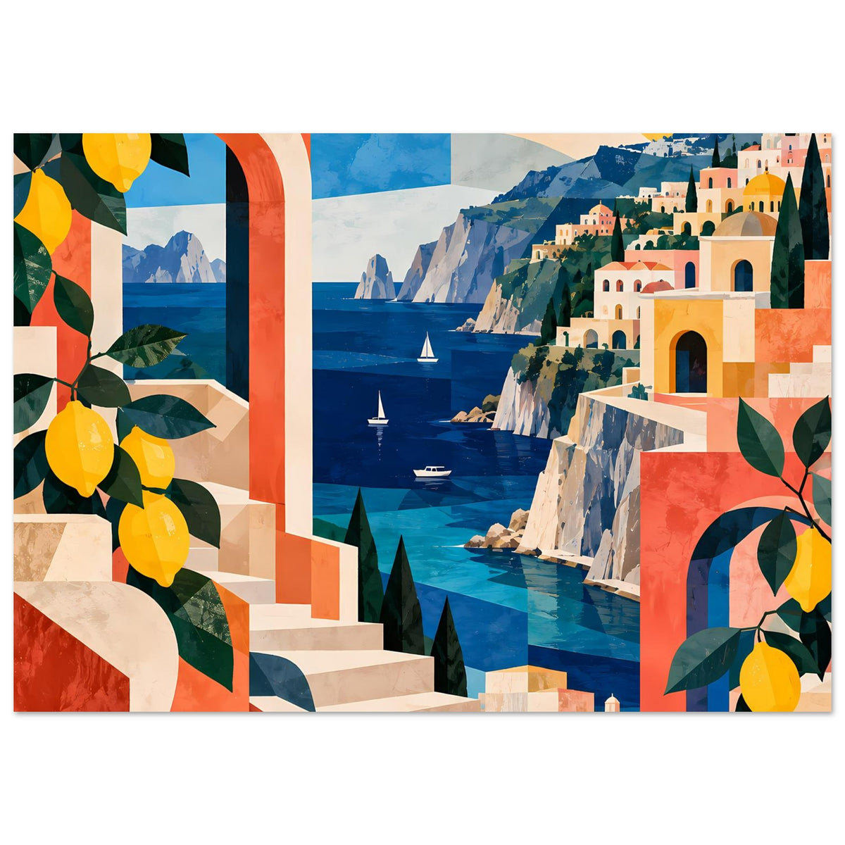 Küsten-Poster mit Meerblick, Treppenbögen, Häusern, Sonne und Zitronenblättern
