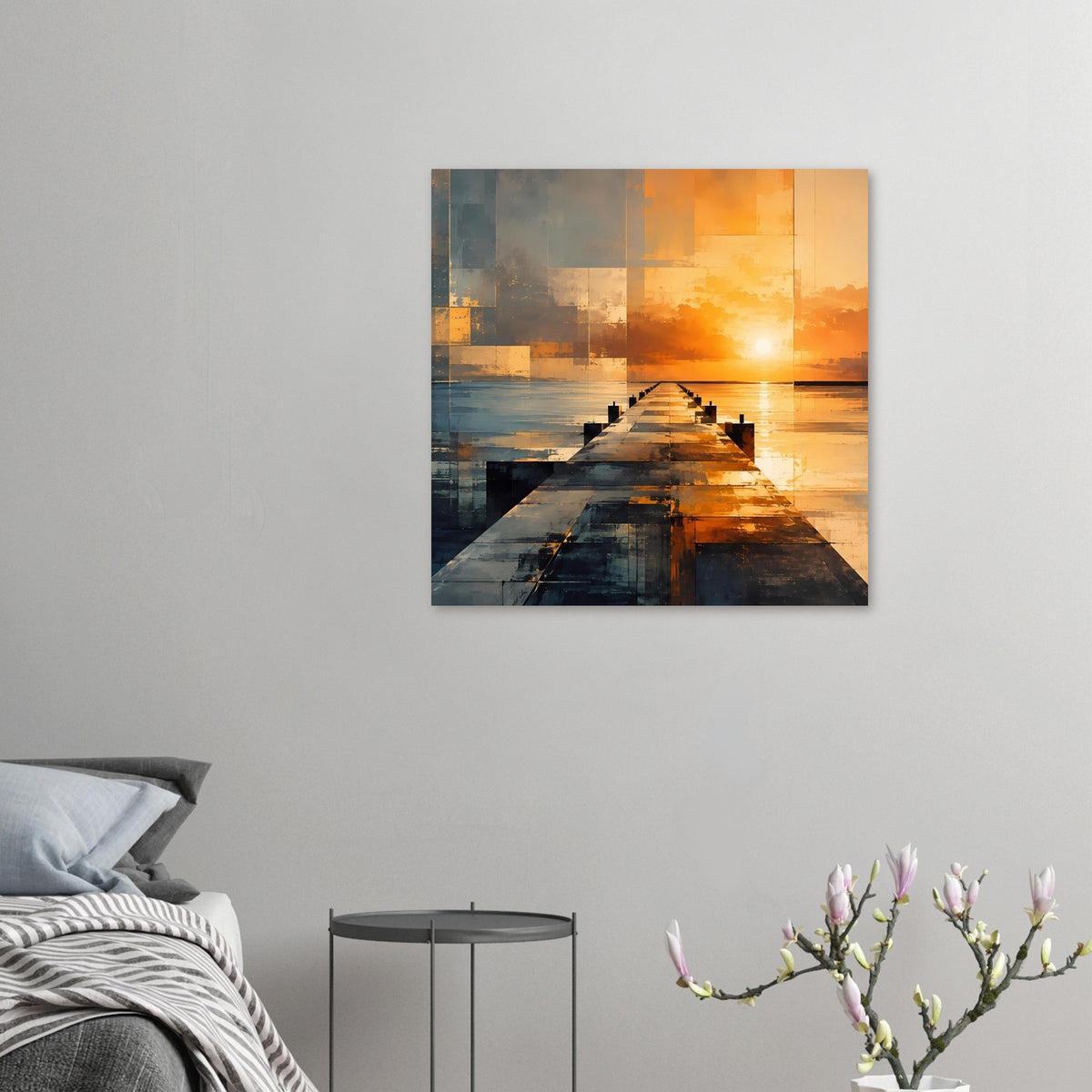 Kleines Wandposter mit abstraktem Pier im Sonnenuntergang, geometrische Farbfelder in Orange