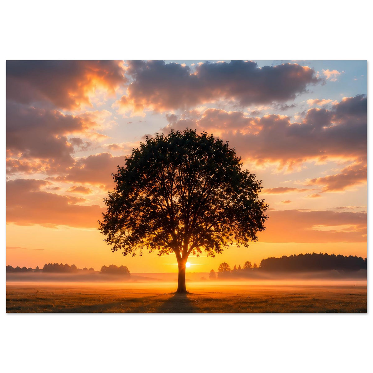 Poster mit einsamem Baum vor Sonnenuntergangshimmel, breites Landschaftsformat