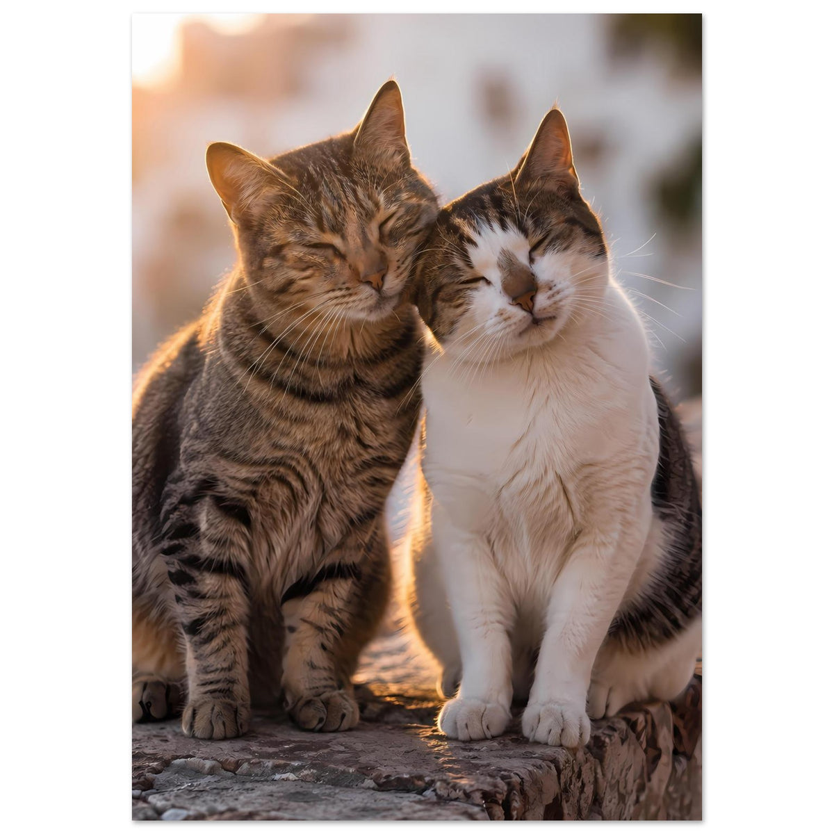 Poster mit zwei Katzen in Nahansicht, braun getigert und weiß, eng aneinander