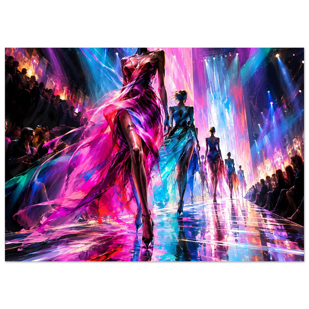 Buntes Runway-Poster: Frau im schwarzen Kleid, mehrfarbige Lichtkegel, Publikumssilhouetten