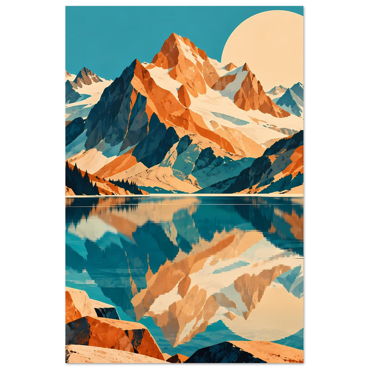 Naturposter mit Berglandschaft und See-Spiegelung, Sonne im Himmel, Blau und Orange