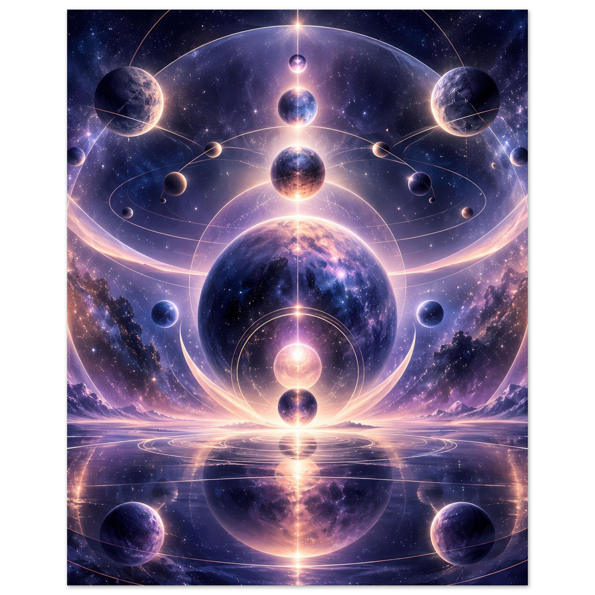 Hochformat-Poster mit kosmischem Motiv: Planeten, Lichtkreise und spiegelnde Reflexion unten