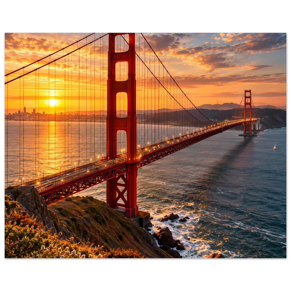 Vertikales Poster der Golden Gate Bridge bei Sonnenuntergang, Brücke mit Meereswellen