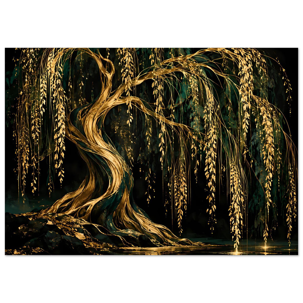 Wandposter mit goldenen Weidenzweigen, dunklem Wald und Spiegelung auf der Wasseroberfläche