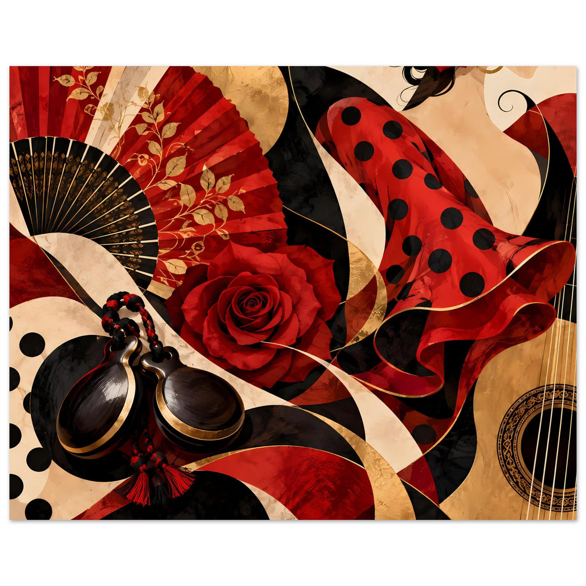Horizontales Flamenco-Poster mit Fächer, roter Rose und gepunktetem Stoff