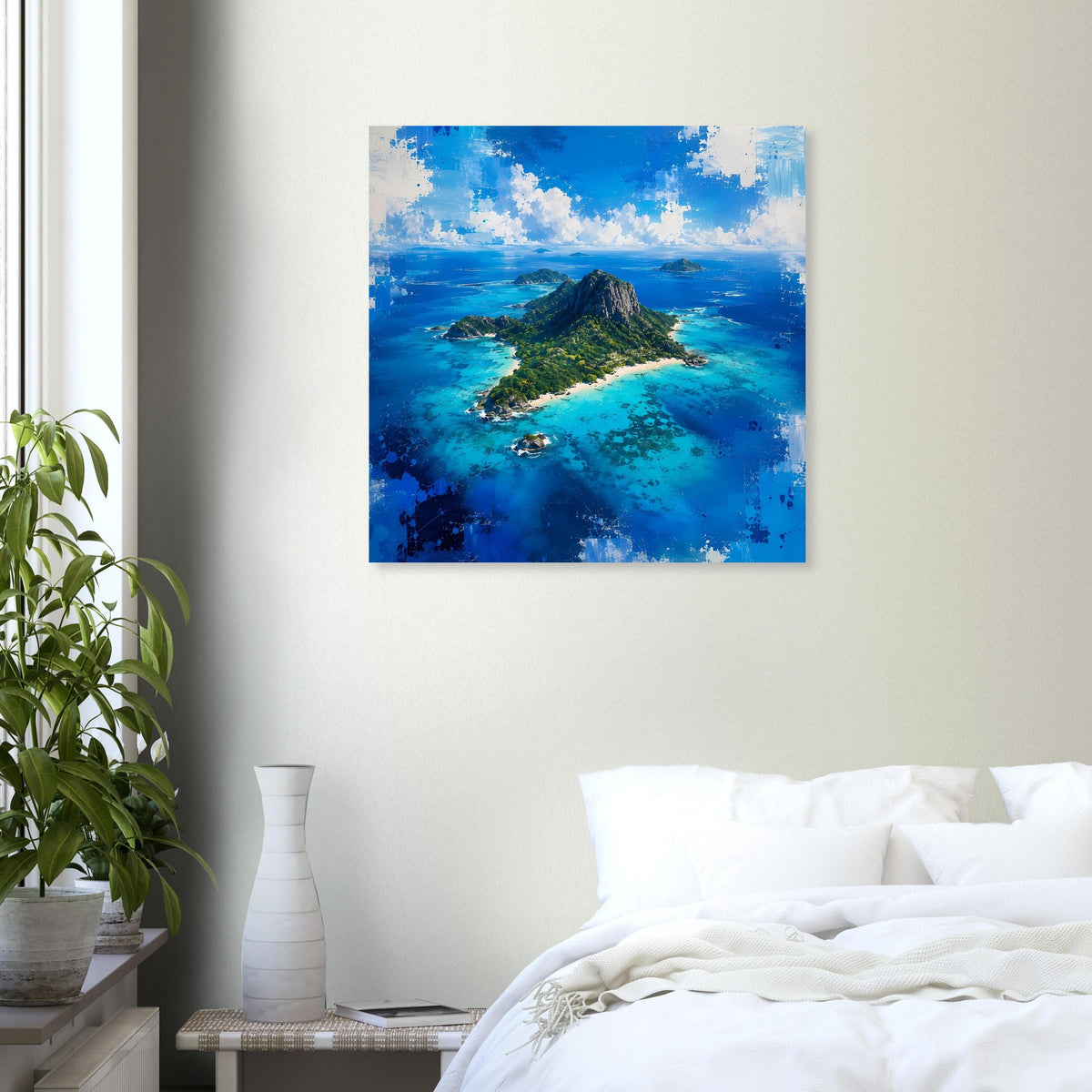 Poster an der Wand mit tropischer Insel und Felsberg im türkisblauen Meer