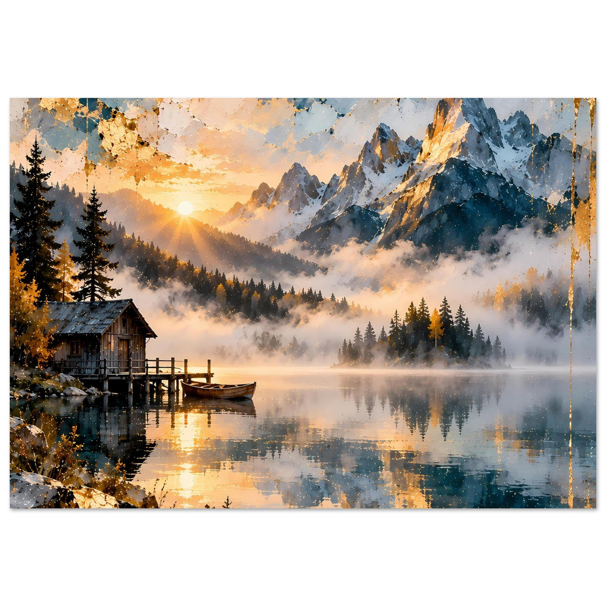 Horizontales Poster mit Bergsee, Hütte am Ufer, Sonnenstrahlen im Nebel und Spiegelbild