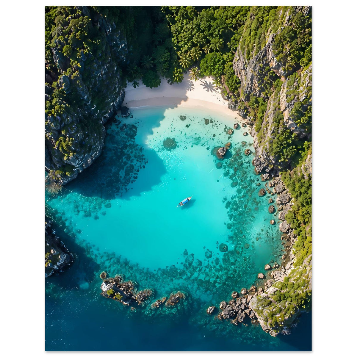 Poster im Hochformat mit türkiser Lagune, Sandbucht und bewachsenen Klippen