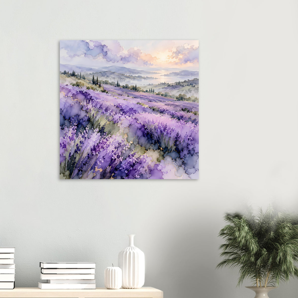 Kleines Aquarell-Landschaftsposter: Reihenlaven im Violett, goldener Himmel im Hintergrund