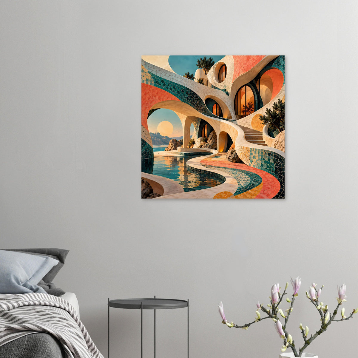 Kunstposter im Querformat: Mosaikbögen über Pool, türkise Kacheln und korallenrote Linien