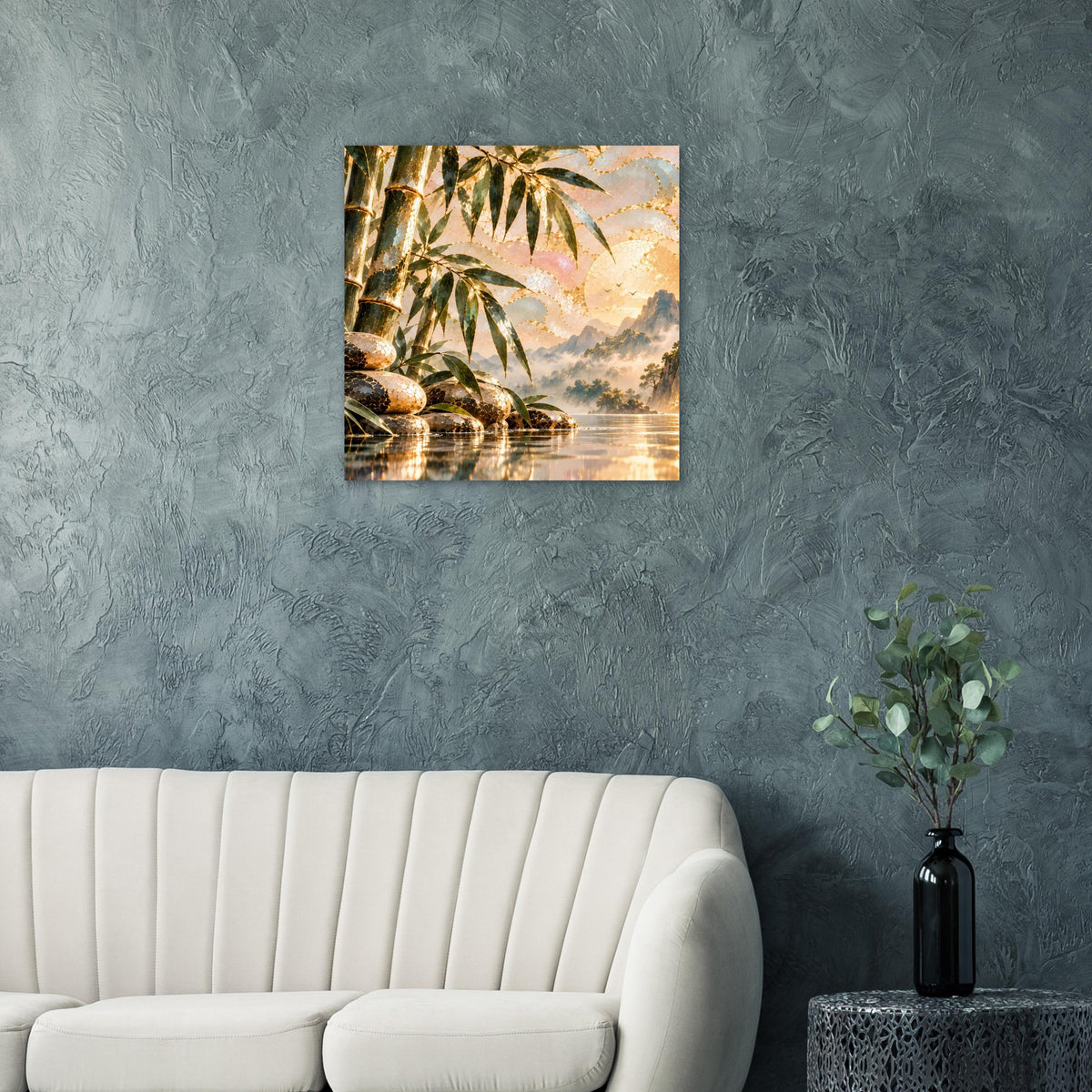 Quadratisches Poster mit goldenem Bambuswald, Wasserfall und Zen-Steinen im Hintergrund