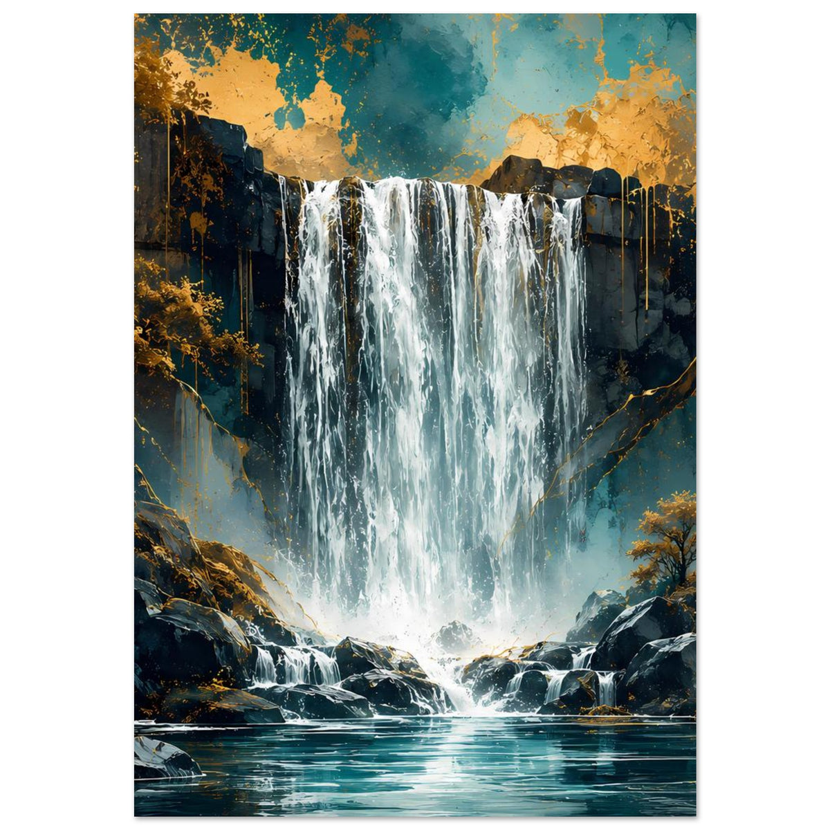 Wasserfall-Poster mit türkisfarbenem Strom, Felsbecken und gold-blauem Himmel im Motiv