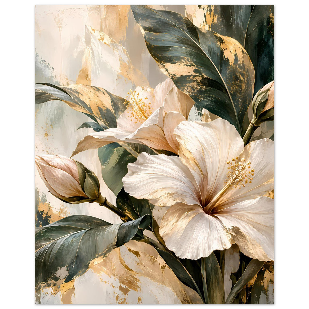 Gerahmtes Blumenposter: weiße Blüten und beiger Pinselstrich-Stil mit goldenen Staubdetails