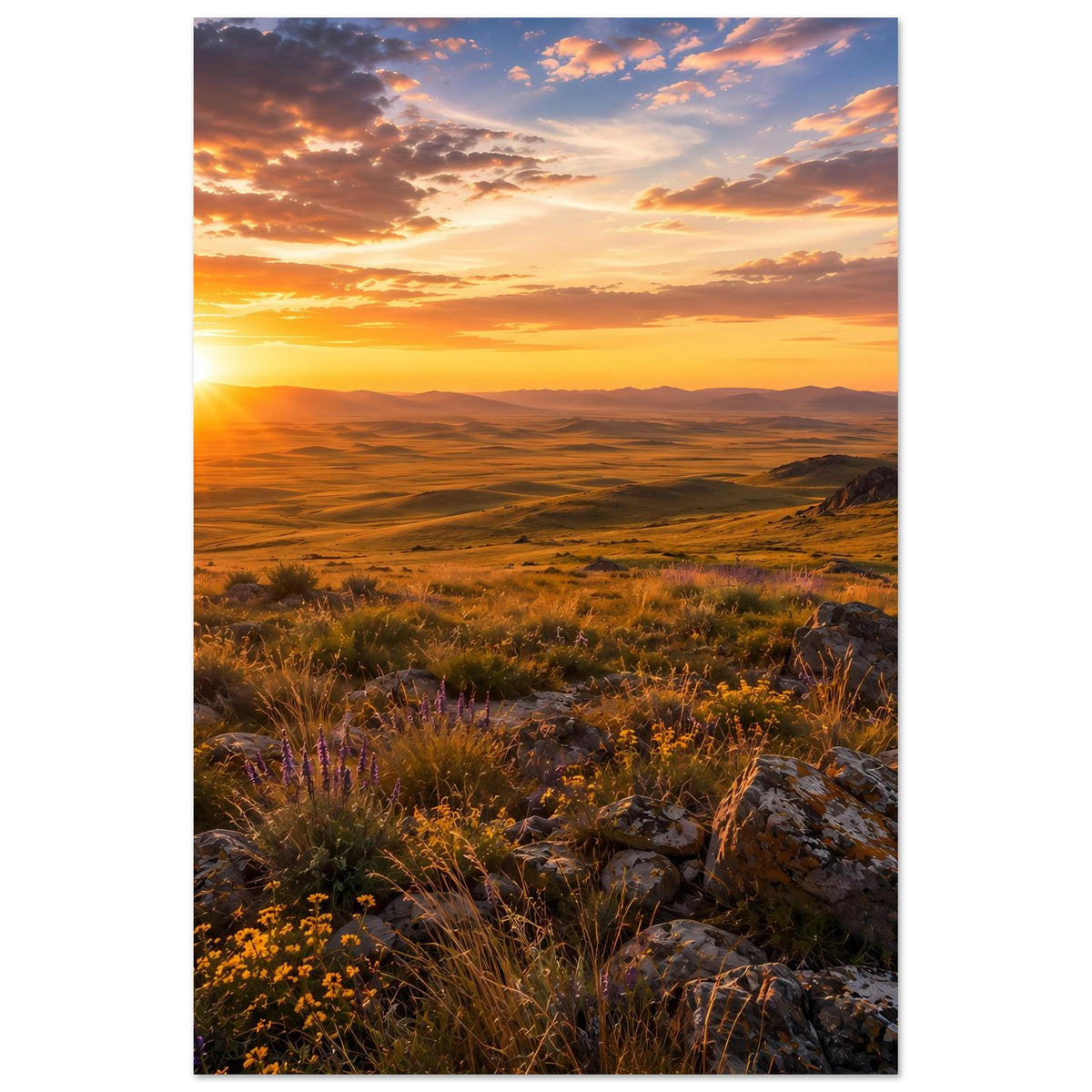 Hochformat-Poster: Sonnenuntergang über Hügeln, Grasflächen und Felsbrocken am Rand