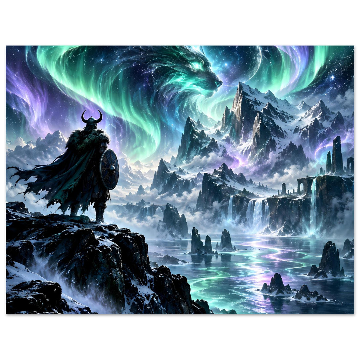 Fantasy-Poster im Querformat: Krieger im Vordergrund, Polarlicht-Drachen über Eisland
