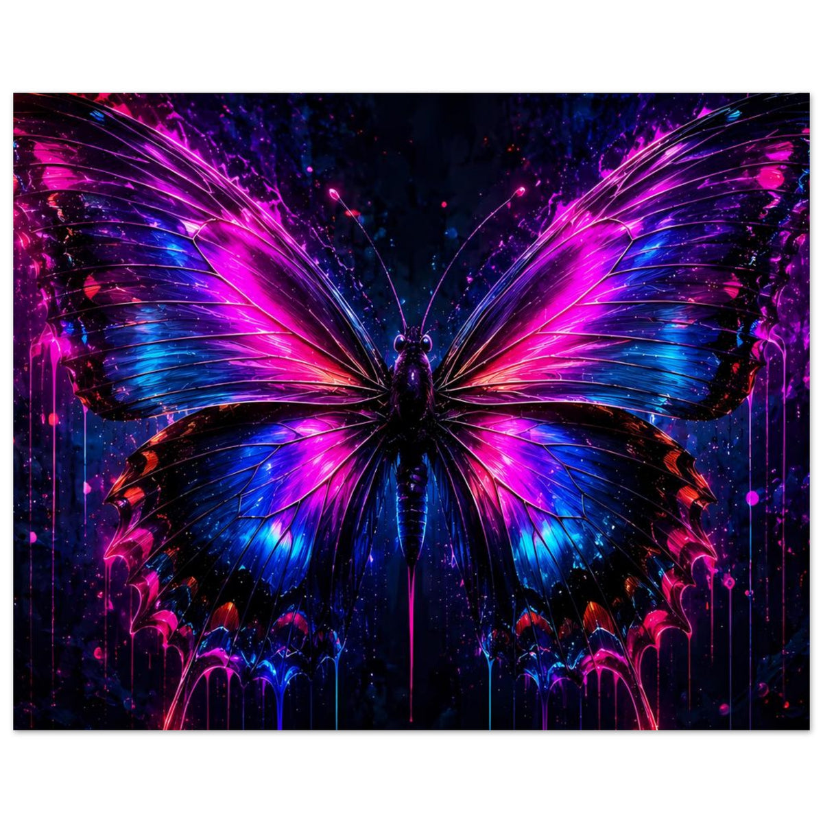 Horizontales Poster mit leuchtendem Schmetterling in Neonfarben, zentrierte Flügelansicht