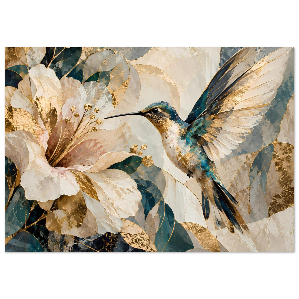Wandposter mit Kolibri und floraler Collage, goldene Blattstruktur und weiße Blüten