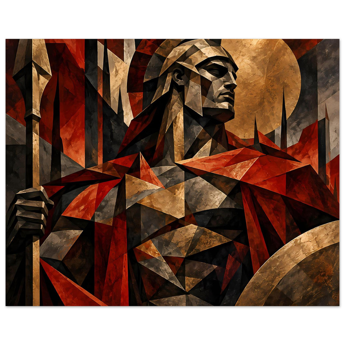 Poster mit Spartan-Krieger im geometrischen Rot-Gold-Look, Arm und Speer im Bild