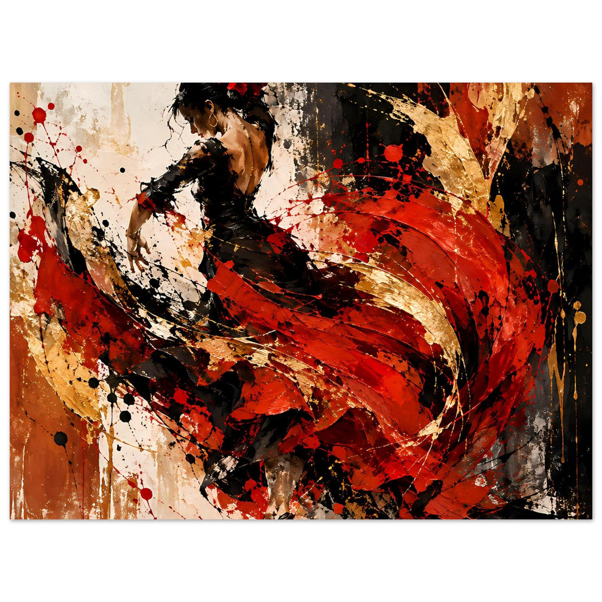 Flamenco-Feuer Poster, Querformat: Tänzerin, Rot-Orange, Schwarz und Gold in Bewegung.