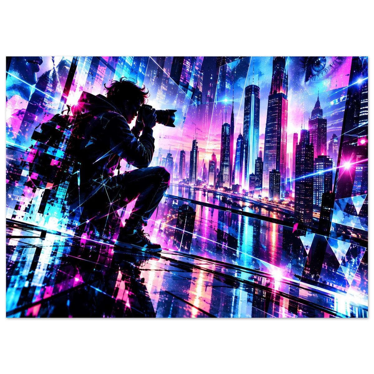 Neon-Cyberpunk-Stadtposter mit Silhouette, bunten Lichtlinien und futuristischen Gebäuden